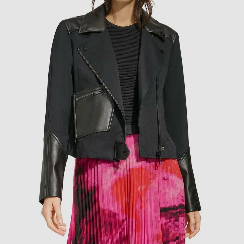 NWT - DKNY Black Mixed Media Asymmetric Women's Moto Jacket, Size XL